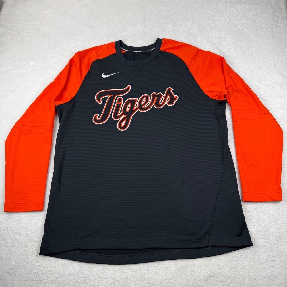 Nike Detroit Tigers MLB Baseball Pullover Mens Large Navy Orange Dri-FIT Top